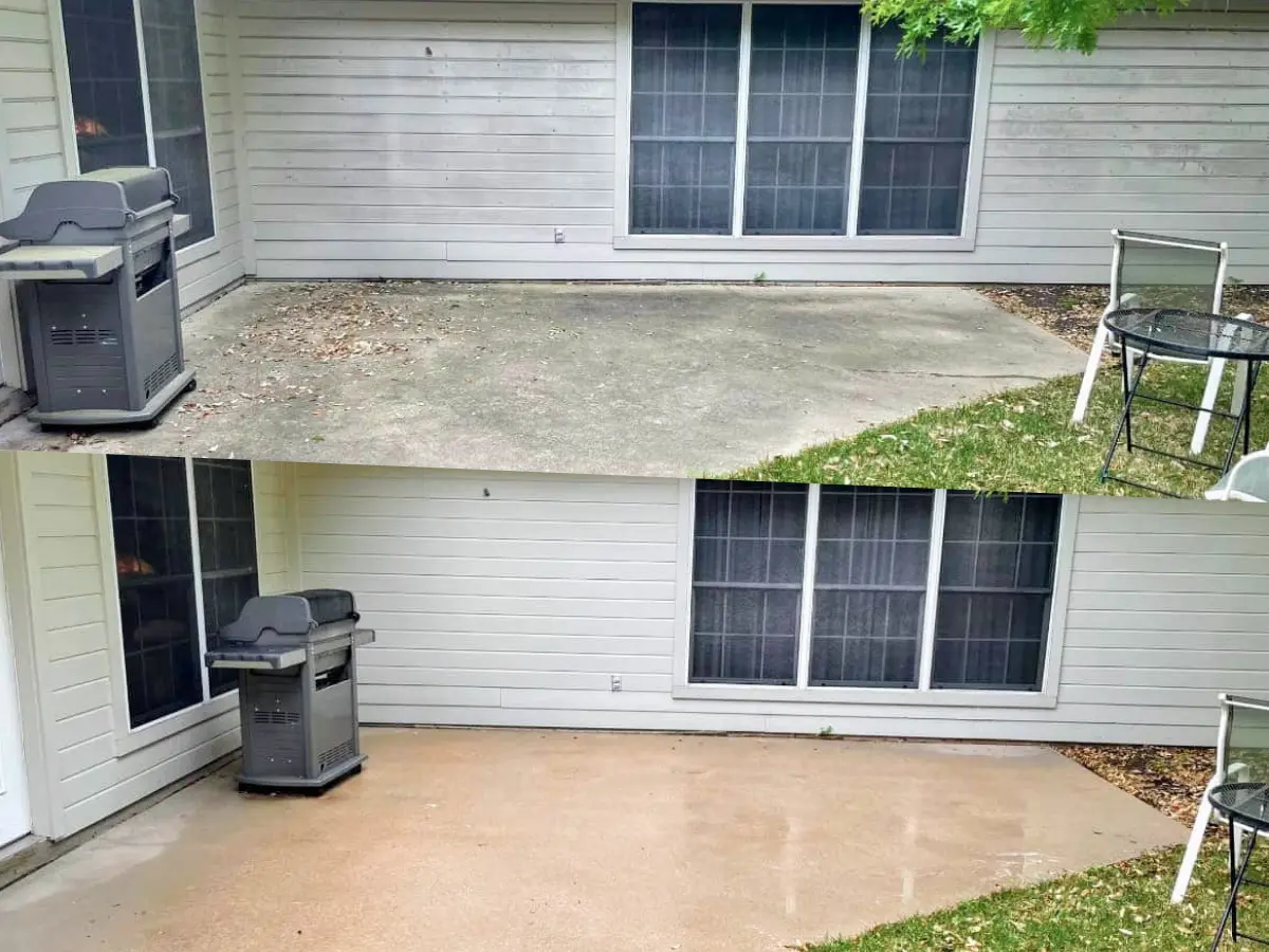 Before and after - concrete patio pressure washing in East Atlanta