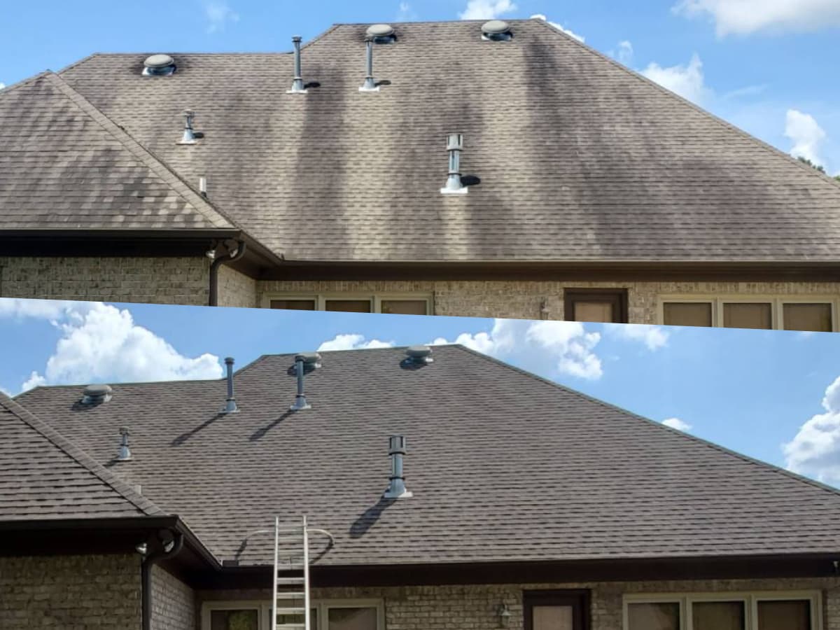 Before and after - roof cleaning power washing in East Atlanta