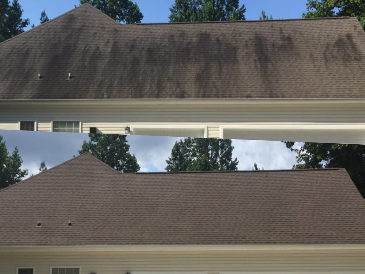 Before and after - roof cleaning power washing in Atlanta