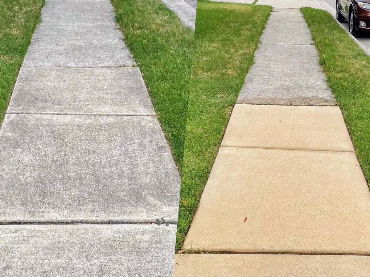 Before and after - concrete sidewalk pressure washing in Atlanta